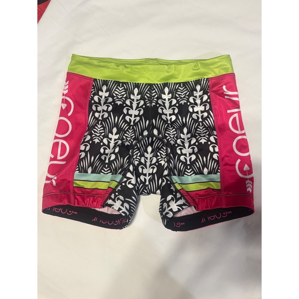 Coeur Sports Womens Triathlon Shorts Pink Green Geometric Padded Medium